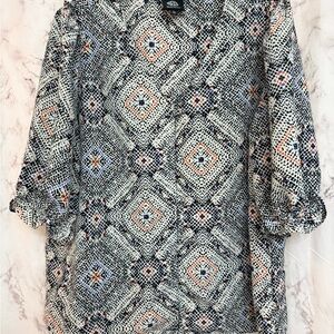 bobeau Black & Cream Geo-Print Button Front Tunic with Orange & Blue Accents
